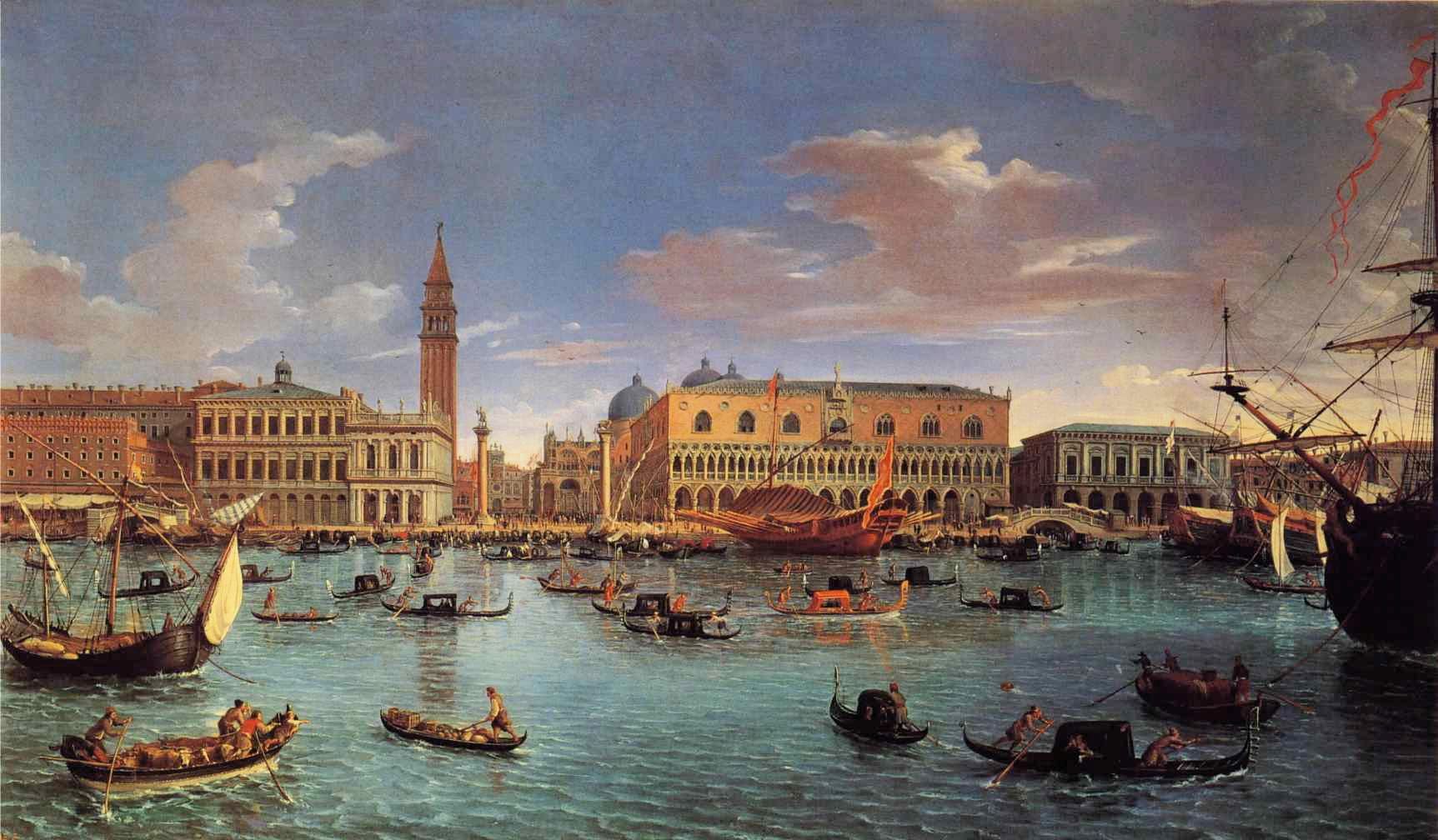 Das Bacino di San Marco auf einer Vedute von Gaspar van Wittel: das Ufer, von dem aus man in den Rio di Palazzo einfährt